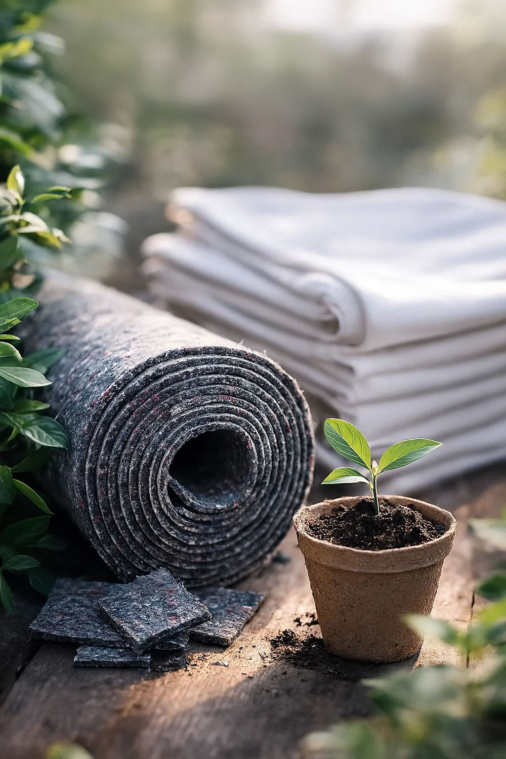 Nachhaltigkeit und Kreislaufwirtschaft bei Skydeko: recycelter Messeteppich, Stoffbahnen und Pflanze als Symbol für umweltfreundliche Eventlösungen.
